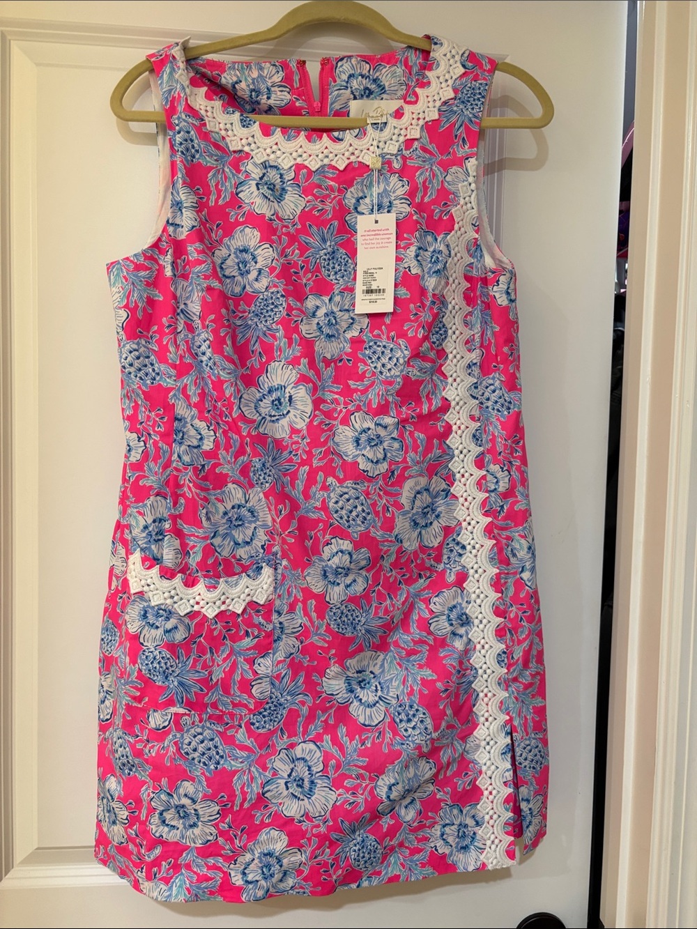 Sleeveless Floral Shift Dress with Lace Trim in Hot Pink and Blue